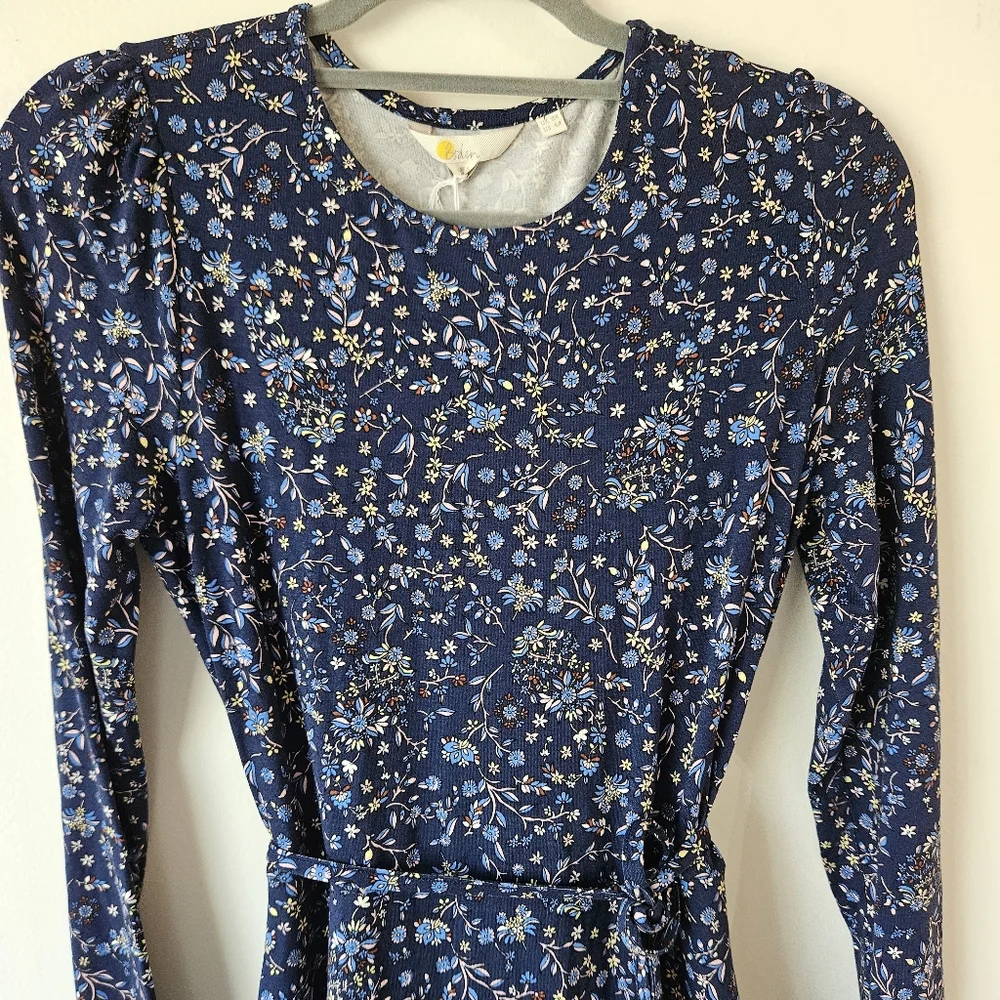 Boden Navy Ditzy Floral Longsleeve Midi Dress, NWT Size 4 Tie Waist Springy - Picture 2 of 10